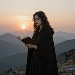 young girl vampire staying at the mountain and waiting for the sunrise, in style of gothic book