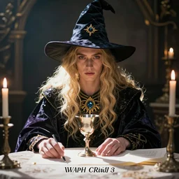 a mystical man with a goblet on the table, wizard hat