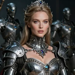very detailed portrait of christine turlington as princess of dark futuristic robotic world, by jan van eyck, frederic leighton, hajime sorayama, mysticism, intricate, highly ornate silvery trim armoury
