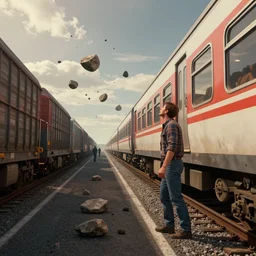 man stops train and throws rocks to cars in the highway, dramatic lighting, 3 d render, photorealism, unreal engine, art by michael whelan and chris moore and howard david johnson and tim white and dan giancola