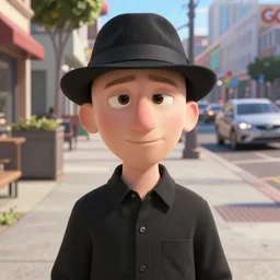 pixar sci - fi movie still portrait photo of bald white young man wearing a black shirt, black ray - bans, and a black fedora, large nose : : on sidewalk in sf : : by greg rutkowski, wlop, rossdraws, artgerm, weta, marvel, unreal engine, bright morning, anime, gq magazine cover, : :