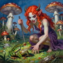 portrait of a horrifying colorful hyper realistic godlike fairy slaughtering a live a frog , detailed mushroom village in the background , low angle, Greg rutkowski legendary matte painting, post-processing, fantasy , masterpiece , art style of junji ito, painting , vibrant colors