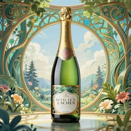 art nouveau style champagne commercial, artstation, illustration, bright, cheerful, detailed and intricate environment