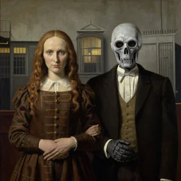 two scary robits as the couple in the painting american gothic 4 k photorealism hd