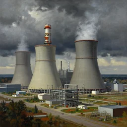 glory to nuclear engineers, socialist realism paintings, highly detailed, intricate, dark overcast sky, nuclear plant in the background