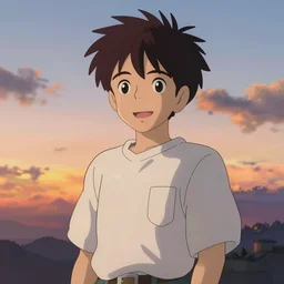 Friendly boy, sunset sky, made by Studio Ghibli, accent lighting, highly detailed art, beautiful scene, sharp focus, smooth, 8k, anime art