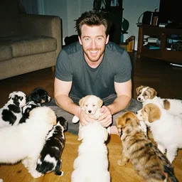 chris evans surrounded by puppies, smiling, living room floor, cozy, 3 5 mm, f / 8, flash photography, snapshot