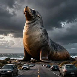 a very giant old south american fur seal australis in a route full of cars, by goya, octane render, dramatic ilumination