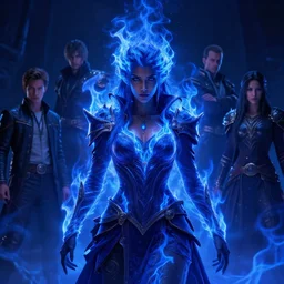 a fancy portrait of a beautiful dark magician women covered in deep blue flames flames by Greg Rutkowski, Sung Choi, Mitchell Mohrhauser, Maciej Kuciara, Johnson Ting, Maxim Verehin, Peter Konig, final fantasy , mythical, 8k photorealistic, cinematic lighting, HD, high details, atmospheric,