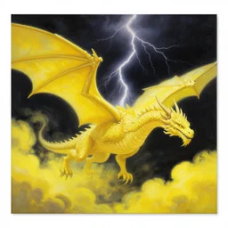 A beautiful, highly detailed, very realistic, very vibrant, matte acrylic painting in the style of Afremov of a huge ancient Lightning Dragon with lots of light yellow scales flying around clouds glowing bright yellow in the middle of the pitch black sky during a huge lightning storm, in the middle of the night. Light yellow, and bright yellow color scheme, realistic.