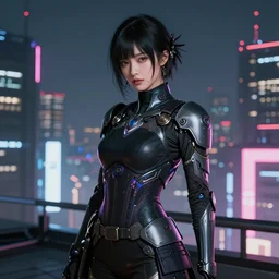 portrait futuristic Samurai Girl, in future cyberpunk tokyo rooftop , ssci-fi, fantasy, intricate, very very beautiful, elegant, neon light, highly detailed, digital painting, artstation, concept art, smooth, sharp focus, illustration, art by tian zi and WLOP and alphonse mucha