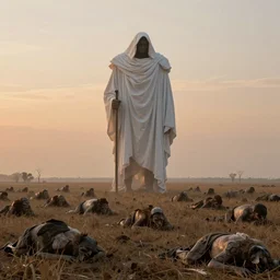 a field of lost creatures, with a gigantic great reaper in the horizon dressed in white drapes, in a sunset haze, detailed, realistic