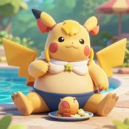 a 3 d render of a chubby nessa from pokemon sword and shield resting by the pool after eating, trending on artstation, intricate detailed, photorealistic, realistic shading, high detail, 8 k resolution