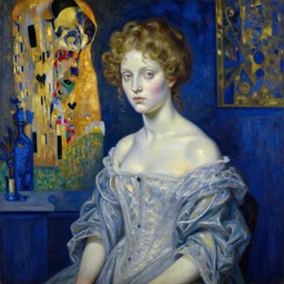 palette knife oil painting portrait of a ivory girl in an haunted liminal blue and gold room, film still by goya, by henri de toulouse - lautrec, by klimt, by pontormo, extreme detail, liminal aesthetic, artgerm, deviant art, octane, substance, art history 8 k, art nouveau