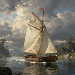 sailing along a calm fantasy river, exquisite, volumetric lighting, 8 k octane beautifully detailed render, post - processing, extremely hyper - detailed, intricate, epic composition, cinematic lighting, masterpiece, trending on artstation, stunning art by fitz henry lane, by eugene louis boudin beautiful cinematic light