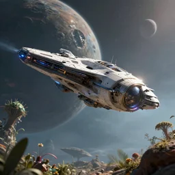 spaceship hovering over an alien planet, strange plants, low angle shot, concept art, volumetric lighting, volumetric atmosphere, sharp focus, by chris foss, concept art, trending on artstation, 8 k