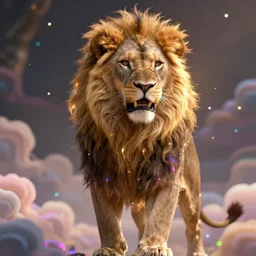 a beautiful female goddess of lions character, character is in all its glory, character is centered on the image, character is in her natural pose, rim lights, magic in the air, fancy clouds, highly detailed professional photo, dynamic lights, particles are flying, depth of field, trending on artstation, illustration, hyper realistic, vray caustics, super detailed, colorful accents, cinematic shot