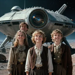 sharply detailed, 7 0 mm film from blockbuster 8 k sci fi color movie freeze frame, set 1 8 6 0, family standing in front of crashed spaceship, on alien planet, looking happy, wearing 1 8 5 0 s era clothes, atmospheric lighting, in focus, reflective eyes, 8 0 0 mm lens, live action, nice composition and photography, clear facial features
