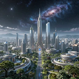 futuristic city, beautiful landscape, view of the cosmos, trees, highly intricate, art by noah bradley