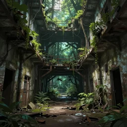 a beautiful hyperdetailed highly detailed urbex corridor abandoned architecture industrial architecture by antoine predock, rainforest desert cgsociety anime liberty city studio ghibli nightvision atlantis forest reclaimed by nature, archdaily, wallpaper, highly detailed, trending on artstation.