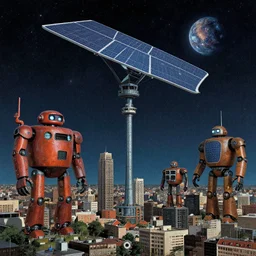 gigantic solar robots towering over a small city meteor in the dark starry sky by laurie greasley and kelly freas
