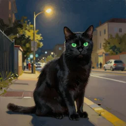 stylized oil painting of a black cat with green eyes sitting on a city street at night, illuminated by a street light
