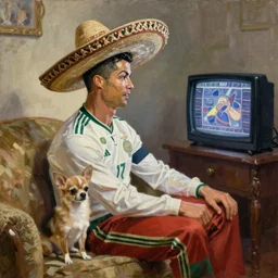 portrait of cristiano ronaldo wearing a sombrero on his head, sitted on the couch with a chihuahua, watching television, oil on canvas by william sidney mount,