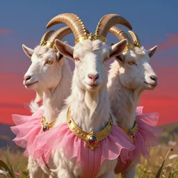 highly detailed portrait of a three - headed goat wearing golden crown and pink tutut, stephen bliss, unreal engine, fantasy art by greg rutkowski, rhads, ferdinand knab, makoto shinkai and lois van baarle, ilya kuvshinov, rossdraws, tom bagshaw, global illumination, radiant light, red blue theme, meadow