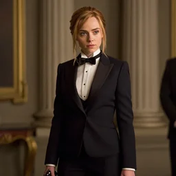 Katniss Everdeen as James Bond, wearing a tuxedo and holding a pistol, film still from Skyfall (2012)
