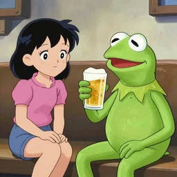 anime art of kermit the frog from sesame street and misato katsuragi from evangelion enjoying a cold beer