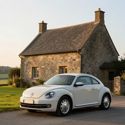 a vw beetle parked near a small medieval stone house at sunrise, concept art, octane render, unreal engine 5, trending on artstation, high quality, 8 k, soft lighting, path traced, hyperrealistic, highly detailed, digital art, symmetrical, cinematic, high coherence, godrays