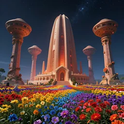 a beautiful cinematic view of a large 3 d mystical alien shrine in a field of rainbow colored flowers, underneath a star filled night sky, harold newton, zdzislaw beksinski, donato giancola, warm coloured, gigantic pillars and flowers, maschinen krieger, beeple, star trek, star wars, ilm, atmospheric perspective
