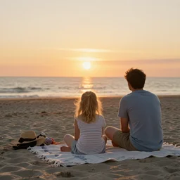 a nine year old blonde girl and her two parents sit on a blanket at the beach and watch through sun go down in the style of Edward hopper
