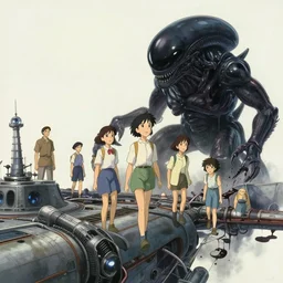 young women, landing on the space station settlement, with an alien monster, full of black blood. by cory loftis & akihiko yoshida & james gilleard & atey ghailan & makoto shinkai & goro fujita & studio ghibli, rim light, exquisite lighting, clear focus, very coherent, plain background, soft painting, photorealistic, unreal engine 5, 8 k