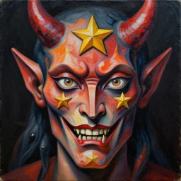 intricate five star toxic demon facial portrait by pablo picasso, oil on canvas, hdr, high detail, photo realistic, hyperrealism, matte finish, high contrast, 3 d depth, centered, masterpiece, vivid and vibrant colors, enhanced light effect, enhanced eye detail, artstationhd