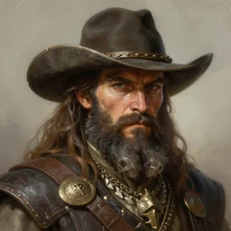 bearded gunslinger, painted fantasy character portrait, headshot, fantasy, highly detailed, digital painting, artstation, concept art, sharp focus, illustration, art by the golden age of American illustration archive, simon bisley and frank frazetta, artgerm and greg rutkowski and alphonse mucha