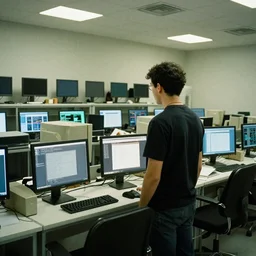 a guy standing in a room with computer screens lining the walls, faded effect, photograph, kodak film, realism,