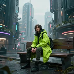 Lone adventurer in a lime green coat sitting on a bench in a cyberpunk dystopian megalopolis, beautiful and amazing digital art, dramatic volumetric lighting, epic composition, detailed, 4K ultra HD, Octane render