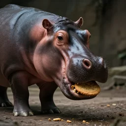 photograph of a hippo eating a cookie depth of field cinematic lighting