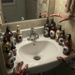 Scene with an empty bathroom and a lot of bottles filled with eyes, fingers and hairs::unreal engine, trending on artstation, horror art, high details