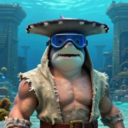 full - face close - up portrait, muscular street shark hammerhead shark wearing a tattered cloth robe and goggles by bruce brenneise and peter mohrbacher, deep underwater in the lost city of atlantis, ancient ruins in the background, 3 d render, neosurrealism. digital concept art, pixel art, rendered in octane, trending on cgsociety, trending on artstation