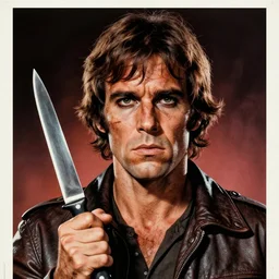 realistic portrait of a psycho with a knife on a 1 9 7 0 s horror movie poster, vintage 7 0 s print, detailed, scary, horror, screen print, trending on artstation