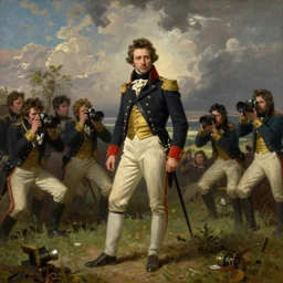 Napoleon Bonaparte posing for a news camera crew in Waterloo, painting by krenz cushart, wlop,