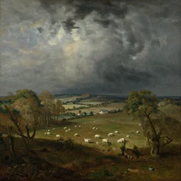 artwork of the cinematic view of a landscape normandy by hieronymus bosch, stormy weather, groves, sheep pasture, landscape view, depth of field, trending on artstation, background, nature
