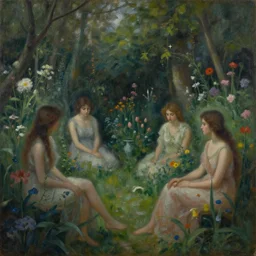 a moody painting of a beautiful garden full of souls