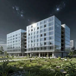 a beautiful hyperdetailed rendering of city nature abandoned unfinished building urbex architecture industrial architecture building university by robert venturi, made of glass lightpaint meadow cosmic postcyberpunk darkacademia futuristic, archdaily, wallpaper, highly detailed, trending on artstation.