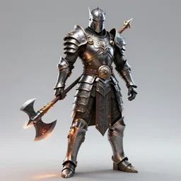 photo full - body - shot of one brutal warrior, wearing intricate steel armor, sharp focus, holding magical fiery battle - axe, magical aura, heroic pose, fantasy style, octane render, volumetric lighting, 8 k high definition, by greg rutkowski, highly detailed, trending on artstation, magical battlefield background, centered