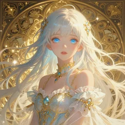 Portrait of magical girl, dreamy and ethereal, pastel blue eyes, peaceful expression, ornate frilly dress, fantasy, intricate, elegant, digital art, dynamic lighting, golden ratio, highly detailed, digital painting, artstation, concept art, smooth, sharp focus, illustration, art by artgerm and greg rutkowski and alphonse mucha