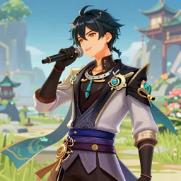 the musician Prince in the style of Genshin Impact