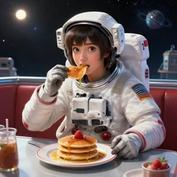 an epic fantasy comic book style portrait painting of a young girl astronaut eating pancakes at a diner in space, awesome pose, character design by mark ryden and pixar and hayao miyazaki, unreal 5, daz, hyperrealistic, octane render, cosplay, rpg portrait, dynamic lighting, intricate detail, summer vibrancy, cinematic